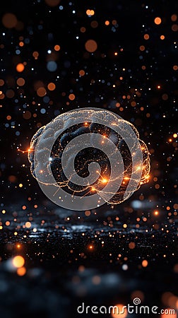 Glowing brain of data points evolves in a dark minimalist environment Stock Photo