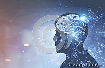 Businessman brain hologram, office Stock Photo