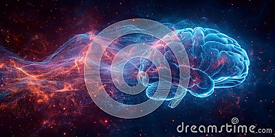 Glowing brain with neural data streams flowing, symbolizing cognitive technology Stock Photo