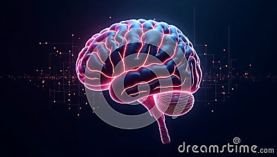A glowing brain pulsating with thought illuminated by neural networks with sleek pink highlights on a dark field Stock Photo