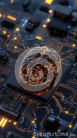 glowing brain shaped circuit on microchip symbolizes advanced AI and decision making technology Stock Photo