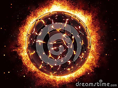 Glowing broken black sphere engulfed in fire and flames Stock Photo