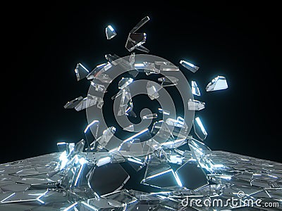 Glowing broken glass - small pieces flying in the air Stock Photo