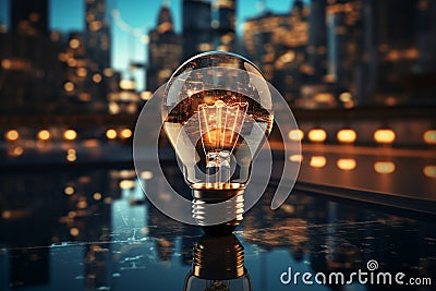 A glowing bulb with a business setting signifies a successful concept Stock Photo