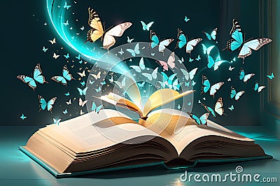 Glowing Butterflies Fluttering Around an Open Book - Light Emanating from the Pages, Set Against a Peaceful Night Stock Photo