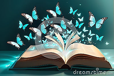 Glowing Butterflies Fluttering Around an Open Book - Light Emanating from the Pages, Set Against a Peaceful Night Stock Photo