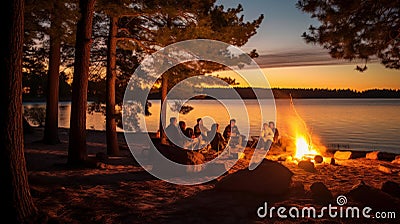 Glowing campfire by the lake crackling logs bright and dancing flames illuminating the dark shoreline. Relaxed campers sitting Stock Photo