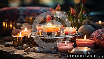 Glowing candle brings relaxation and harmony to indoor celebration generated by AI Stock Photo