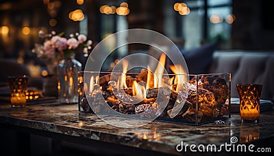 Glowing candle illuminates comfortable indoor celebration with rustic decoration generated by AI Stock Photo