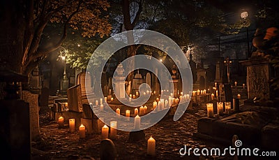 Glowing candle illuminates spooky tombstone at night generated by AI Stock Photo