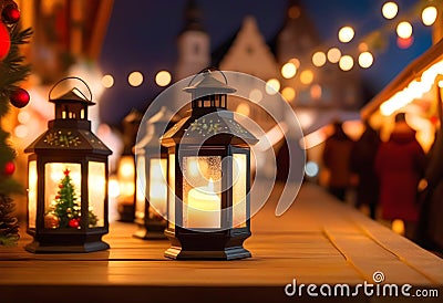 Glowing candle lantern and christmas decorations Stock Photo
