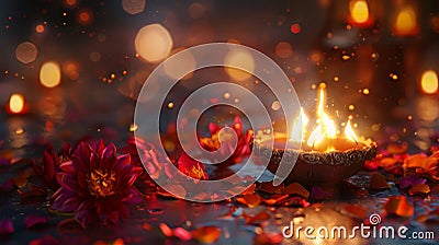 Glowing candles and flowers for Indian holiday Diwali Festival of Light Stock Photo