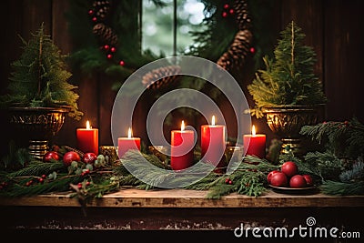 glowing candles surrounded by pine branches Stock Photo