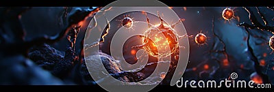 Glowing cell surrounded by menacing viruses in a dark, mysterious environment. Generative AI Stock Photo