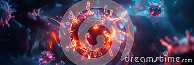 Glowing cell surrounded by menacing viruses in a vivid cellular environment. Generative AI Stock Photo