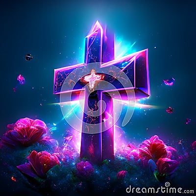 glowing christian cross with flowers on blue background, 3d illustration AI Generated Cartoon Illustration