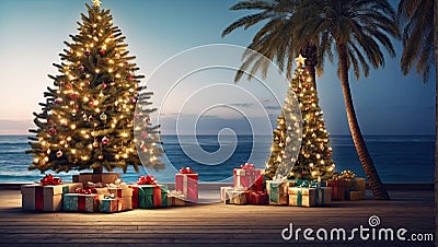 glowing Christmas tree with gift boxes on the wooden embankment. A tourist trip for Christmas and New Year to tropical countries, Stock Photo