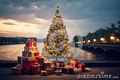 glowing Christmas tree with gift boxes on the wooden embankment. A tourist trip for Christmas and New Year to tropical countries, Stock Photo