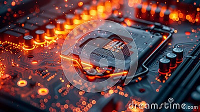 Glowing circuit board with microchip - generative ai Stock Photo