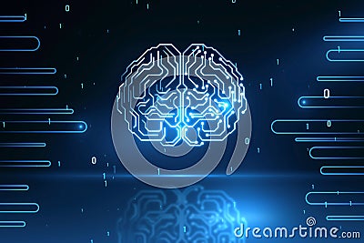 Glowing circuit human brain hologram on blurry backdrop with coding. Artificial intelligence, neurology, technology and future Stock Photo