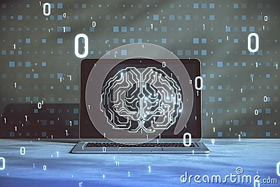 Glowing circuit human brain hologram on blurry background with computer and coding. Artificial intelligence, neurology, technology Editorial Stock Photo