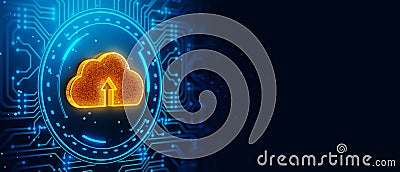Glowing Cloud Upload Icon on Digital Circuit Background. 3D Rendering Stock Photo