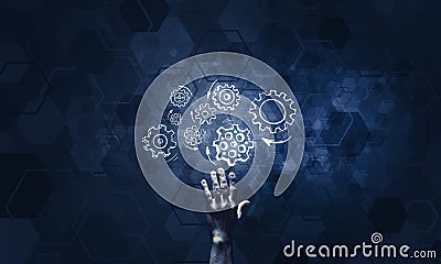 Glowing cogwheel mechanism icon on dark background as symbol of Stock Photo