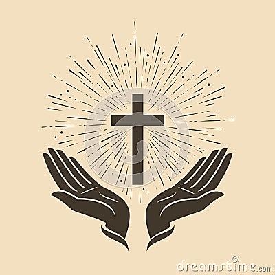 Glowing cross with hands symbol. Church logo vector Vector Illustration