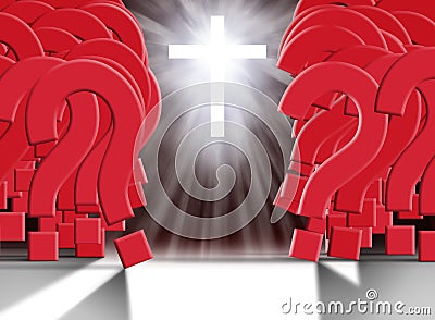 Glowing cross parting a giant wall of huge red question marks Stock Photo