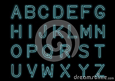 Glowing Cyan Blue Neon Alphabet and transparent. Custom font for design. Shiny letters and symbols. Vector Illustration