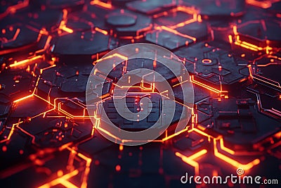 A glowing cybernetic 3D background featuring hexagonal tiles connected by thin neon-lit circuit Stock Photo