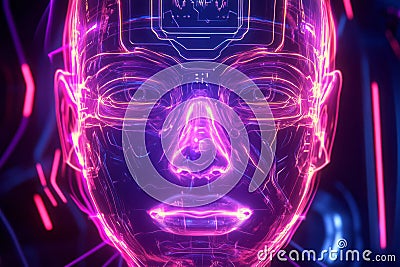 A glowing cybernetic interface displaying intricate holographic biometric data, AI-powered facial Stock Photo