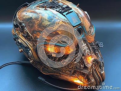 Glowing cyberpunk mask with circuitry and AR Stock Photo