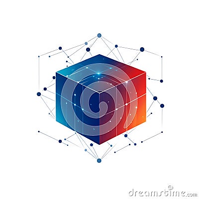A glowing 3D cube with a blue-to-red gradient is surrounded by a network of connected nodes and lines, symbolizing data Stock Photo