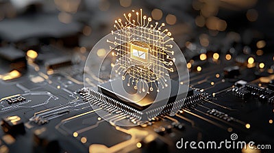 Glowing 3D Encrypted Email Icon Floating Above Futuristic Microchip Generative AI Illustration Stock Photo