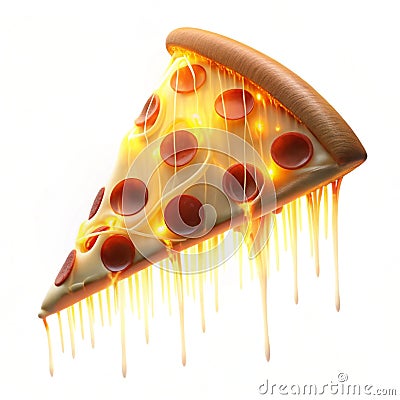 Glowing 3D pizza slice with floating cheese strings Stock Photo