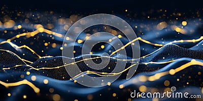 Glowing data wave golden particles over dark background symbolizing digital analytics big data processing futuristic artificial Cartoon Illustration