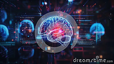 A glowing digital brain surrounded by data spheres, representing artificial intelligence and the power of technology Stock Photo