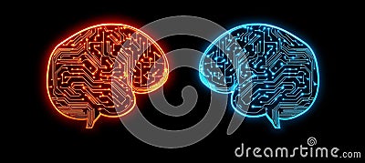 Glowing Digital Brains Visualizing Idea Transformation and Technological Integration Stock Photo