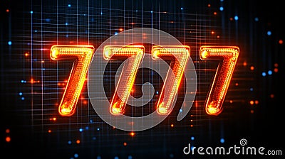 Glowing Digital 3D Number 7777 in Futuristic Style on Abstract Technological Background. Render Stock Photo