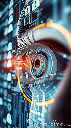 Glowing digital eye scans and analyzes data, abstract search algorithms Stock Photo