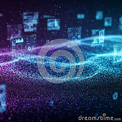 Glowing digital interface elements float in a dark, space-like environment with tiny Stock Photo