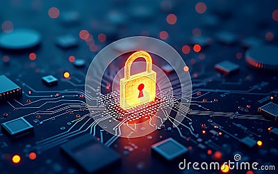 A glowing digital lock icon overlaying a complex circuit board background, symbolizing data protection and cybersecurity measures Stock Photo
