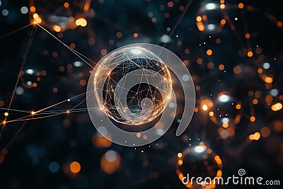 Glowing digital sphere connected by light trails, representing data networks, communication, and technology Stock Photo