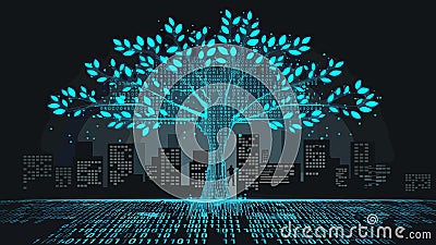 Glowing digital tree with binary code illuminating cityscape. Vector Illustration