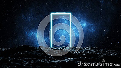 Glowing doorway portal in space on a stone planet. A door to other worlds. 3d render Stock Photo