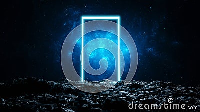 Glowing doorway portal in space on a stone planet. A door to other worlds. 3d render Stock Photo