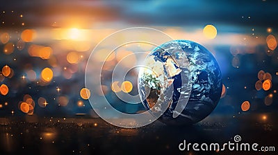 A glowing Earth with a vibrant blue and green surface, surrounded by sparkling bokeh lights, representing hope and a bright future Stock Photo