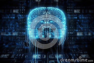 Glowing electronic brain over background of binary code. Generative AI illustration Cartoon Illustration
