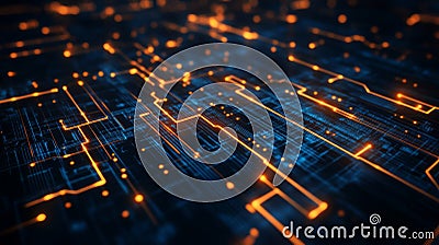 Glowing Electronic Data Stream Abstract Circuitry Background with Luminous Digital Elements Stock Photo